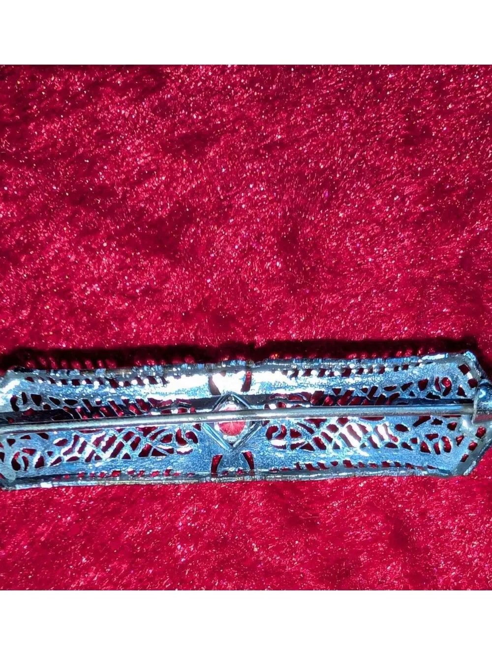 Vintage Silver Filigree Bar Pin Brooch with Central Clear Stone